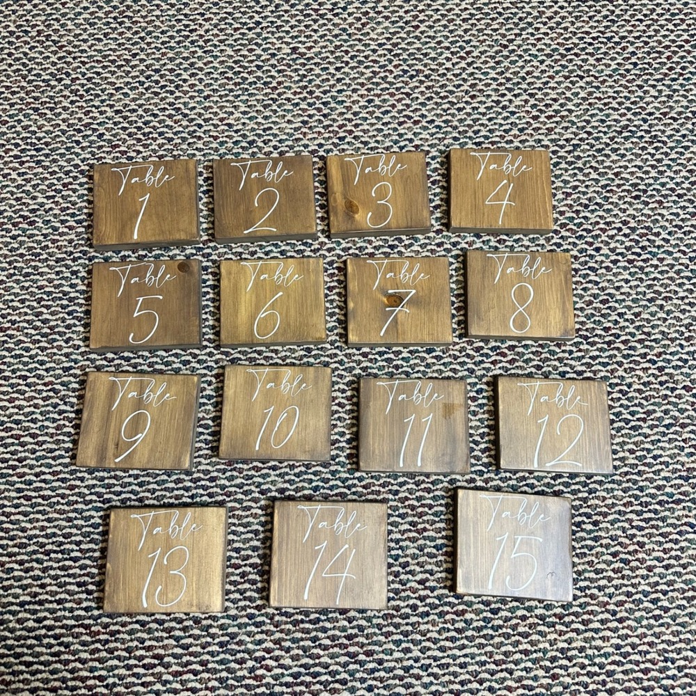 Rustic Wood Wedding Table Numbers 1-15 Brown Walnut Stain White Script Set of 15